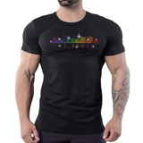 Black t-shirt with rainbow rhinestone Las Vegas skyline graphic by Rico Starr