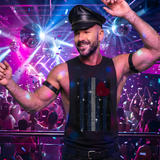 Black sleeveless shredder with rhinestone Leather Pride flag and red heart, gay men’s clubwear by Rico Starr