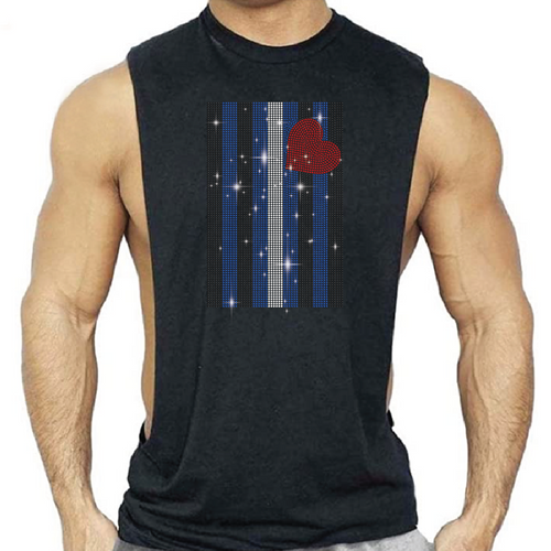 Black sleeveless shredder with rhinestone Leather Pride flag and red heart, gay men’s clubwear by Rico Starr