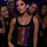 Women's black tank top featuring a sparkling rhinestone Lesbian Pride Flag design in orange, white, pink, and magenta stripes. LGBTQ+ Pride apparel celebrating lesbian visibility, queer identity, and Pride festival fashion by Rico Starr