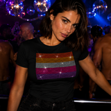 Black fitted t-shirt with sparkling rhinestone Lesbian Pride flag graphic, LGBTQ pride fashion by Rico Starr