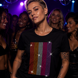 Women's black t-shirt featuring a sparkling rhinestone Lesbian Pride Flag design in orange, white, pink, and magenta stripes. LGBTQ+ Pride apparel celebrating lesbian visibility, queer identity, and Pride festival fashion by Rico Starr