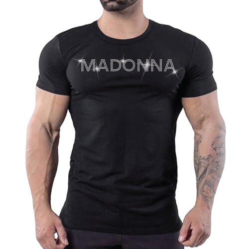 Black fitted t-shirt with sparkling rhinestone Madonna graphic, pop icon inspired LGBTQ nightlife fashion by Rico Starr