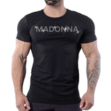 Black fitted t-shirt with sparkling rhinestone Madonna graphic, pop icon inspired LGBTQ nightlife fashion by Rico Starr