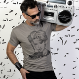 Silver fox male model wearing a rhinestone Madonna portrait t-shirt with sunglasses and vintage boombox in an 80s-inspired disco fashion shoot by Rico Starr.