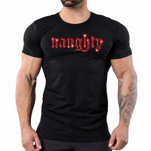 Black t-shirt with "Naughty" in red glitter by Rico Starr