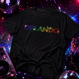 A black short-sleeve t-shirt with the word 'ORLANDO' spelled out in sparkling rainbow-colored rhinestones by Rico Starr