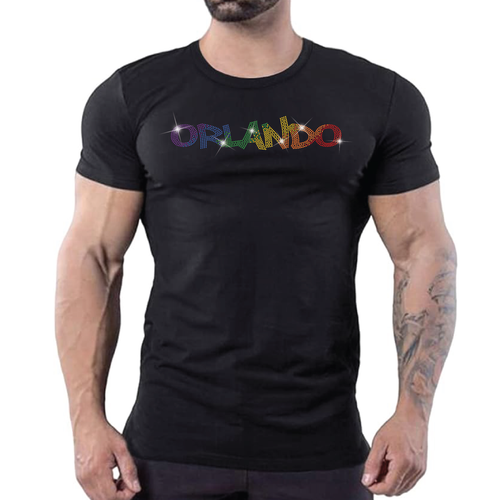 Black t-shirt with "Orlando" rainbow rhinestone Pride text by Rico Starr
