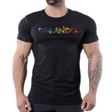 Black t-shirt with "Orlando" rainbow rhinestone Pride text by Rico Starr