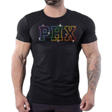 Black t-shirt with "PHX" pride rainbow rhinestone letters by Rico Starr