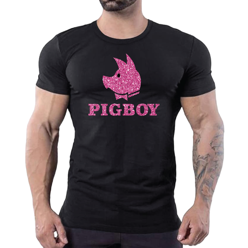 Black men’s t-shirt with pink glitter Pigboy graphic and pig logo, edgy gay clubwear by Rico Starr