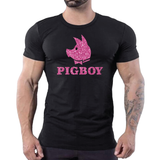 Black men’s t-shirt with pink glitter Pigboy graphic and pig logo, edgy gay clubwear by Rico Starr