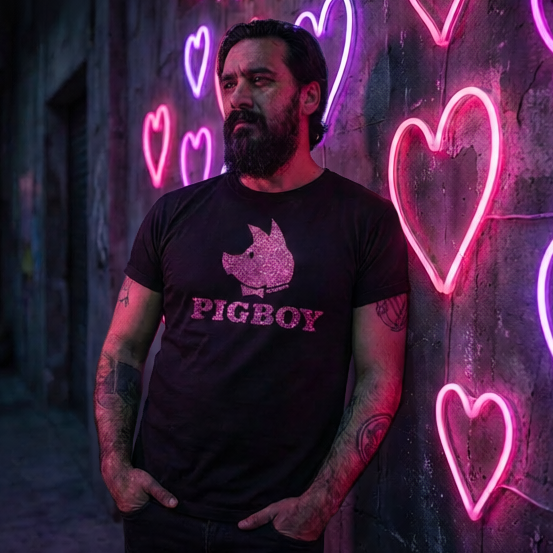 Man wearing a black t-shirt with 'PIGBOY' logo against a neon heart-lit wall.