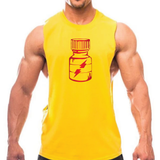 Yellow men's deep armhole shredder tank featuring a bold red poppers bottle metallic graphic on the chest. LGBTQ+ clubwear designed for gay nightlife, circuit parties, Pride festivals, beach events, gym workouts, and statement fashion with an athletic fit by Rico Starr