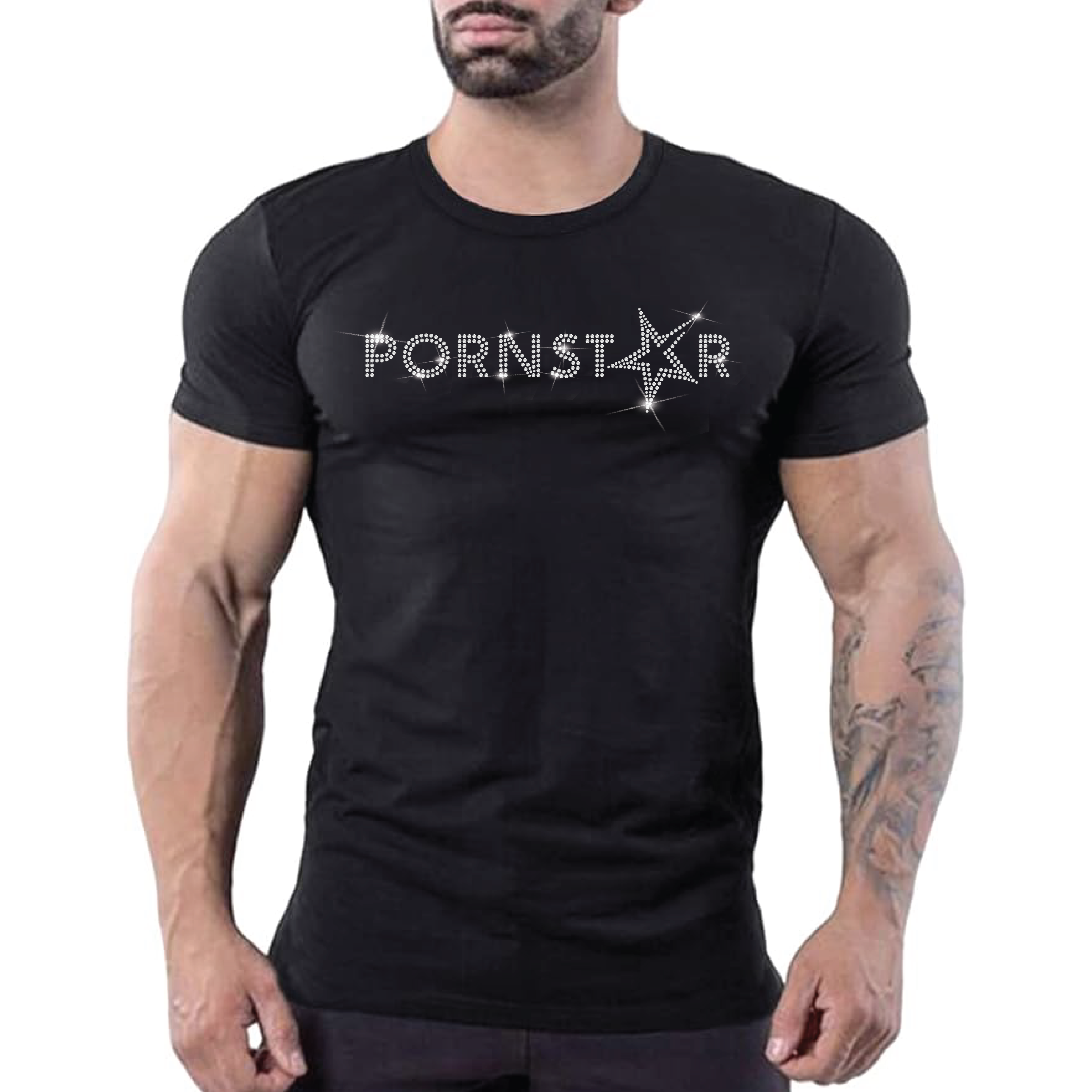 Black fitted men’s t-shirt with sparkling rhinestone Pornstar graphic, edgy gay nightlife fashion by Rico Starr