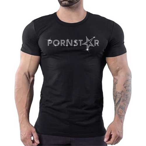 Black fitted men’s t-shirt with sparkling rhinestone Pornstar graphic, edgy gay nightlife fashion by Rico Starr