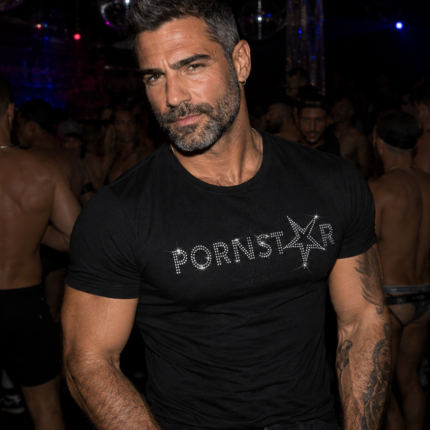 Black fitted men’s t-shirt with sparkling rhinestone Pornstar graphic, edgy gay nightlife fashion by Rico Starr