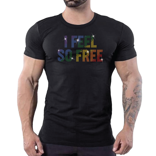 Male model wearing a fitted black t-shirt with rainbow rhinestone “I Feel So Free” lettering inspired by LGBTQ Pride and disco nightlife fashion by Rico Starr