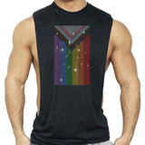 Black sleeveless shredder with rhinestone Progress Pride flag design, gay men’s clubwear by Rico Starr
