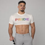 Model wearing the Rainbow Pride shirt