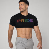 Model wearing the Rainbow Pride shirt