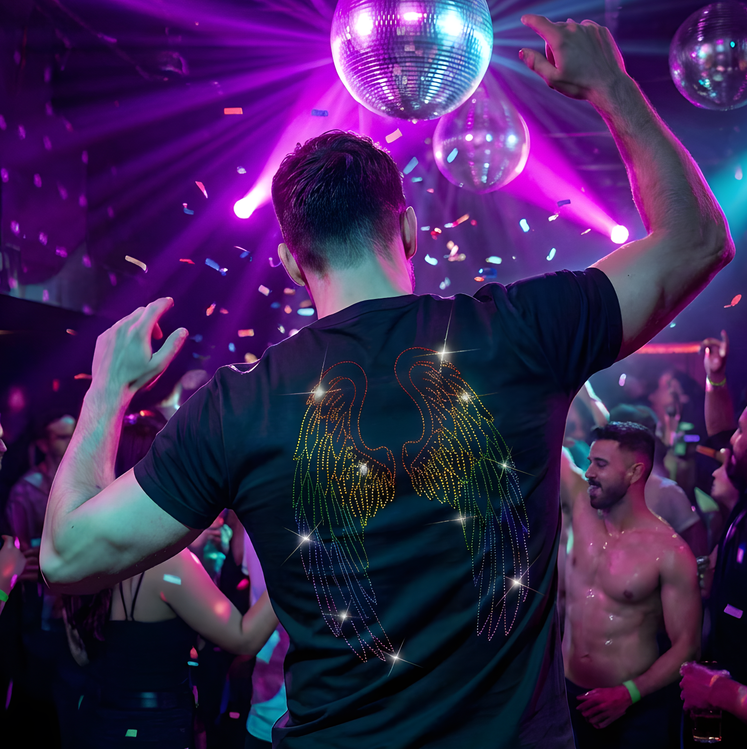 Black t-shirt with rainbow rhinestone angel wings on the back, Pride men’s clubwear by Rico Starr