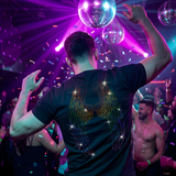 Black t-shirt with rainbow rhinestone angel wings on the back, Pride men’s clubwear by Rico Starr
