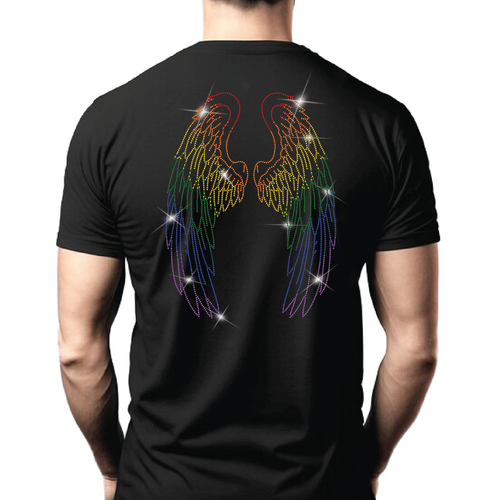Black t-shirt with rainbow rhinestone angel wings on the back, Pride men’s clubwear by Rico Starr