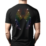 Black t-shirt with rainbow rhinestone angel wings on the back, Pride men’s clubwear by Rico Starr