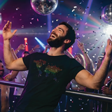 Black t-shirt with rainbow rhinestone world map graphic, Pride global clubwear for men by Rico Starr