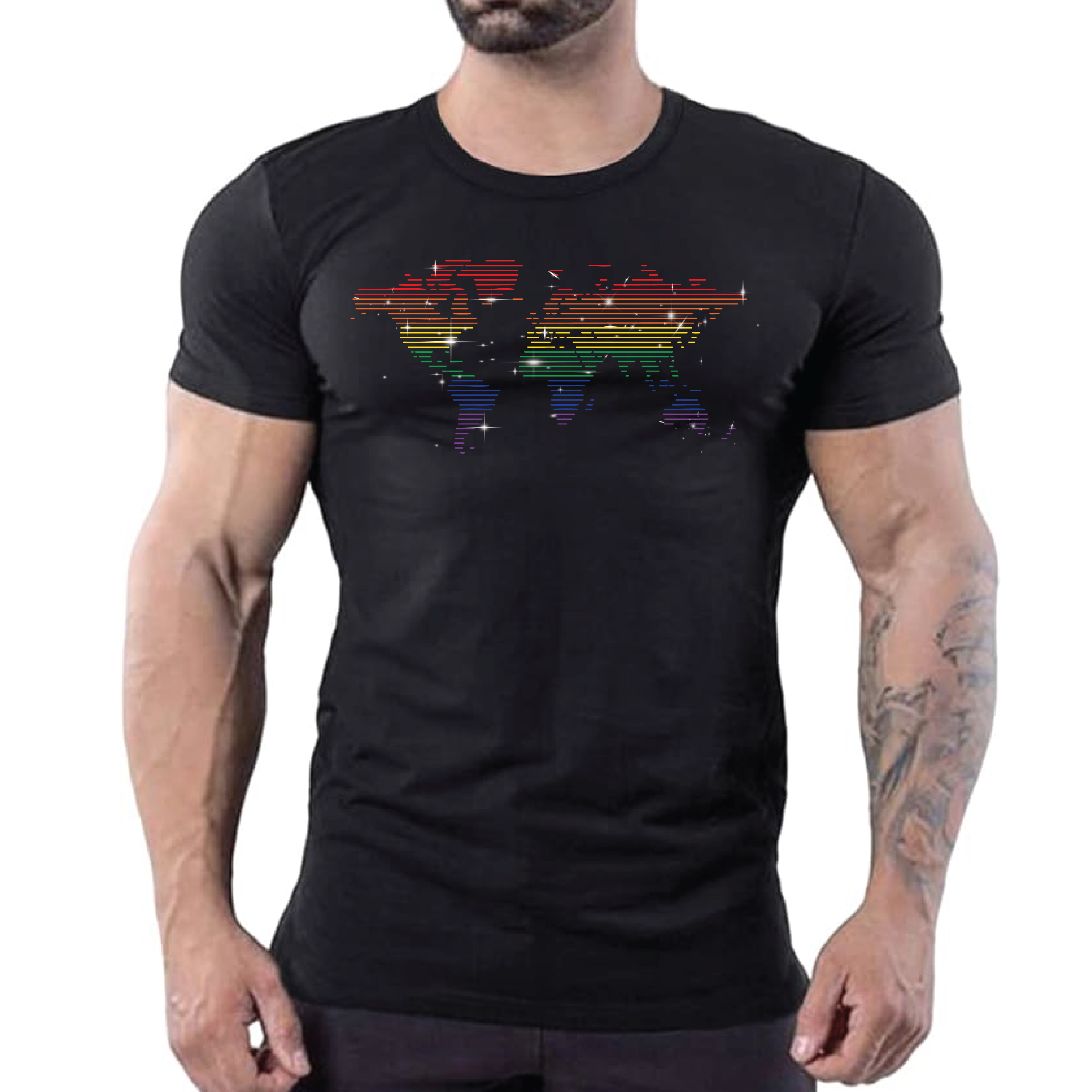Black t-shirt with rainbow rhinestone world map graphic, Pride global clubwear for men by Rico Starr
