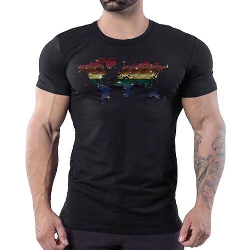Black t-shirt with rainbow rhinestone world map graphic, Pride global clubwear for men by Rico Starr