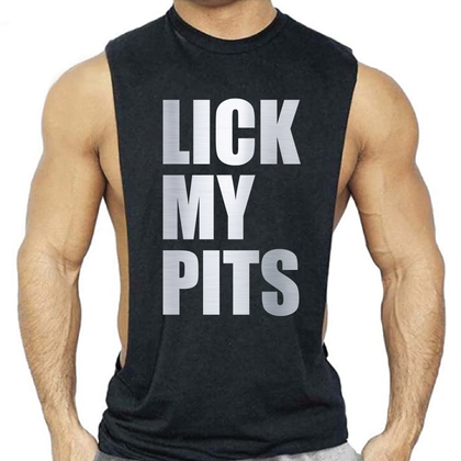 Male model wearing a black deep armhole muscle tank shredder top featuring bold “Lick My Pits” lettering in silver a sexy gay nightlife and fetish-inspired fashion style by Rico Starr