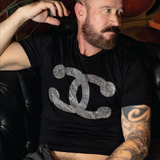 Black men's fitted T-shirt featuring a sparkling silver rhinestone Prince Albert-inspired graphic. Bold LGBTQ+ graphic tee designed for gay nightlife, Pride celebrations, festivals, leather events, and statement fashion with a modern athletic fit by Rico Starr