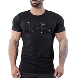 Black fitted tee with colorful rhinestone Rico Starr logo