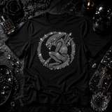 Black t-shirt with rhinestone sci-fi alien creature graphic in a circular emblem design by Rico Starr