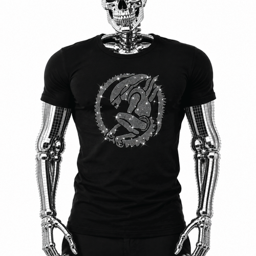 Black t-shirt with rhinestone sci-fi alien creature graphic in a circular emblem design by Rico Starr