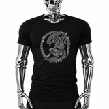 Black t-shirt with rhinestone sci-fi alien creature graphic in a circular emblem design by Rico Starr