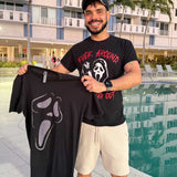 Black t-shirt with rhinestone horror face graphic, sparkly men’s nightclub clubwear by Rico Starr.