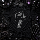 Black t-shirt with rhinestone screaming ghost mask graphic, a horror-movie style Halloween shirt by Rico Starr