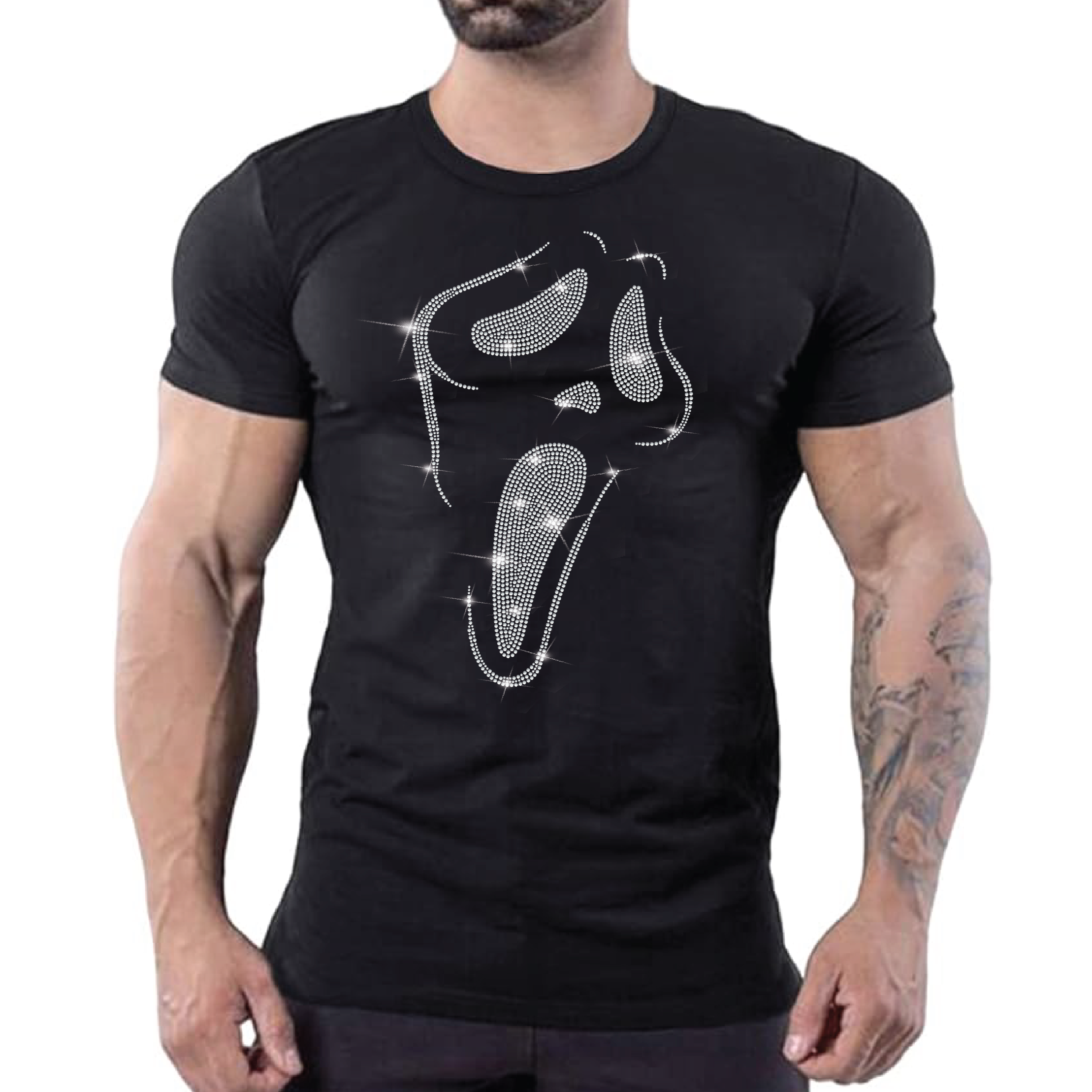 Black t-shirt with rhinestone ghostface graphic, sparkly men’s nightclub clubwear by Rico Starr.
