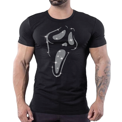 Black t-shirt with rhinestone ghostface graphic, sparkly men’s nightclub clubwear by Rico Starr.