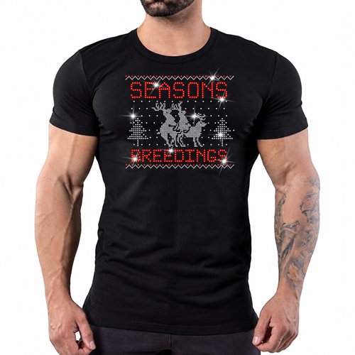 Black t-shirt with "Seasons Breedings" rhinestone reindeer graphic ugly Christmas sweater style by Rico Starr