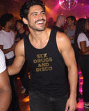 Sex Drugs and Disco shirt at a party