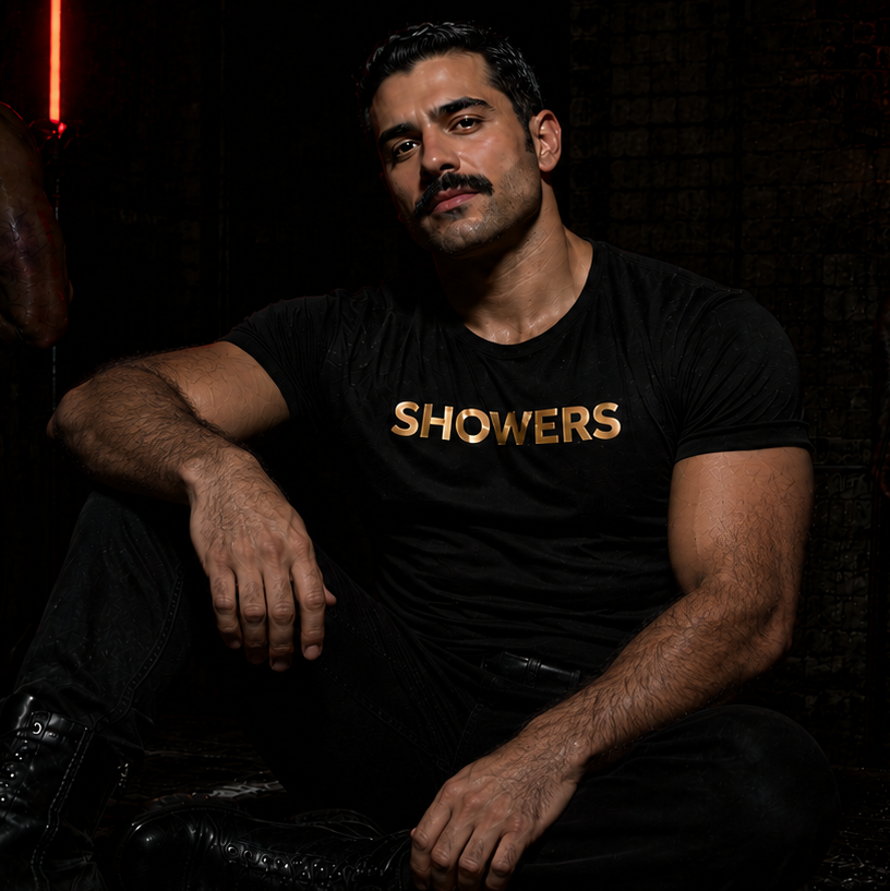 Black t-shirt with gold “Showers” slogan text, gay men’s statement clubwear fetishwear by Rico Starr