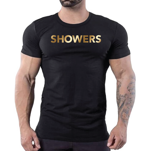 Black t-shirt with gold “Showers” slogan text, gay men’s statement clubwear fetishwear by Rico Starr