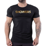 Black t-shirt with gold “Showers” slogan text, gay men’s statement clubwear fetishwear by Rico Starr