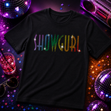 A black short-sleeve t-shirt with the word 'SHOWGURL' in sparkling rainbow rhinestones by Rico Starr