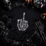 A black short-sleeve T-shirt laid flat with a large silver rhinestone skeleton hand graphic showing the middle finger by Rico Starr