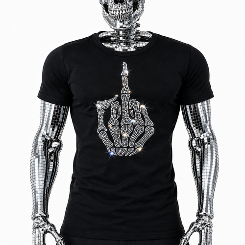 Black t-shirt with rhinestone skeleton hand graphic making a raised middle finger gesture by Rico Starr